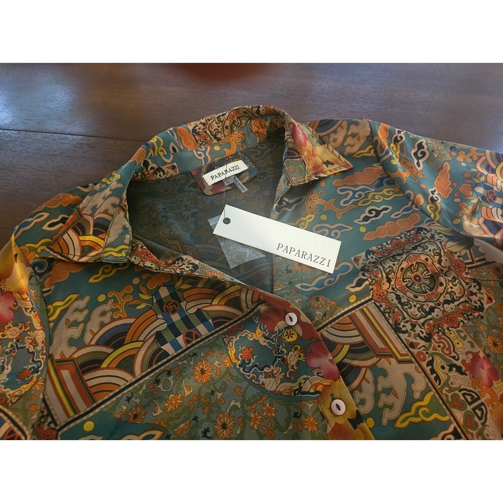Paparazzi Patchwork Shirt Women Large Multi Color Asian Inspired Button Down NEW